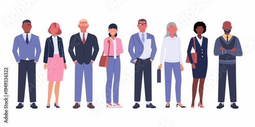 Diverse group of business professionals standing in a linear arrangement