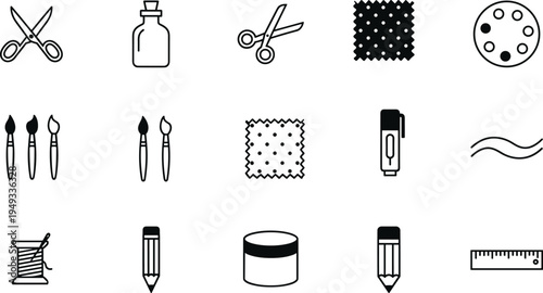 Craft and art supplies icon set, featuring scissors, brushes, pencils, thread, ruler, and fabric swatches in black line vector for DIY and hobby concepts.