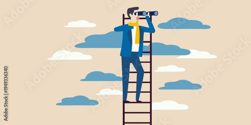 A businessman climbs a ladder using binoculars to scan the horizon