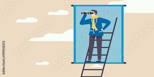 Man on a ladder looking through binoculars seeking a distant view