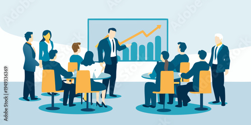 Business professionals gather around a presenter and a growth chart