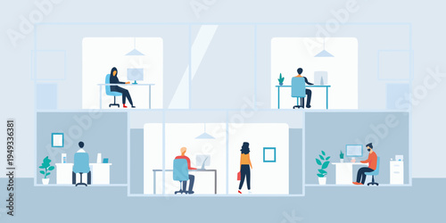 Modern office space with diverse employees working at desks and collaborating