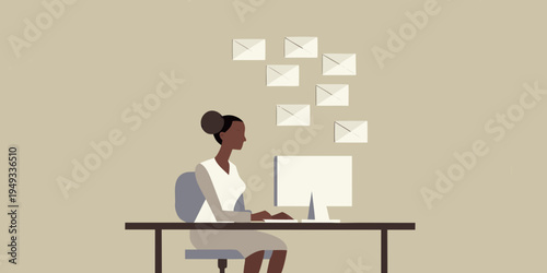 Woman working at a desk with floating email icons above her