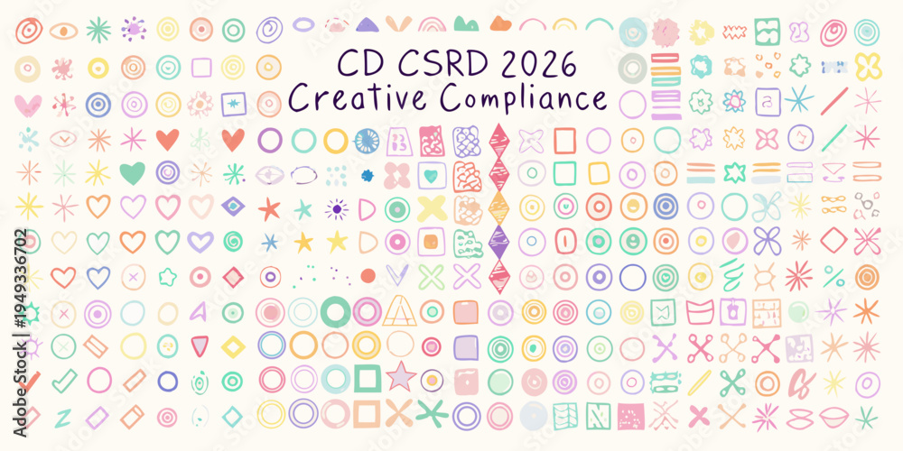 Obraz premium Colorful doodle icons and shapes with creative compliance text