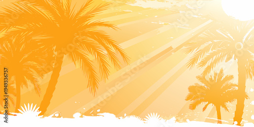 Golden palm trees silhouetted against a vibrant sun drenched tropical sky