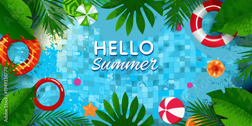 A vibrant summer scene with pool floats and tropical foliage