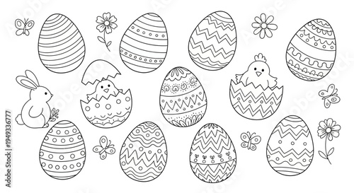 Easter Egg Coloring Page: Cute Bunny, Chicks, Butterflies & Flowers