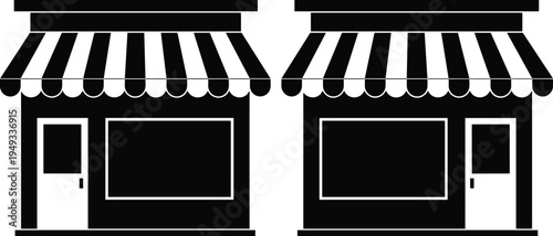 Shop Front Store Silhouette Set, Local Business Building Icon with Awning, Retail Market Marketplace Design, Boutique Grocery Outlet Vector Graphics.