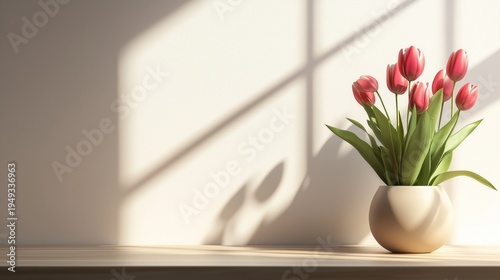 Fresh Tulips on a Wooden Table With Soft Shadows in a Bright Room During the Day