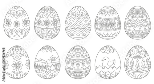 Set of 10 Hand-Drawn Easter Eggs Coloring Pages with Patterns and Animals