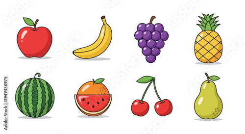 Colorful cartoon fruit assortment on white