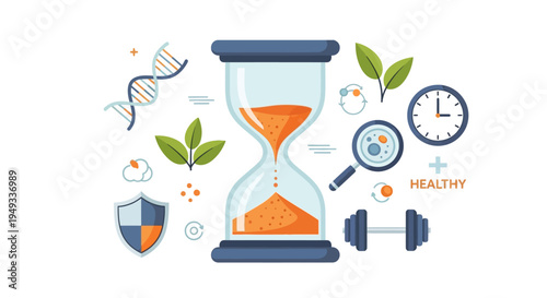 Longevity & Anti-Aging Health Concept. Time, DNA, Fitness, Nature, and Research for Well-being & Protection. Holistic Lifestyle Elements.