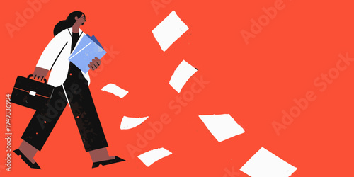 A businesswoman walks amidst falling papers in a vibrant minimalist style