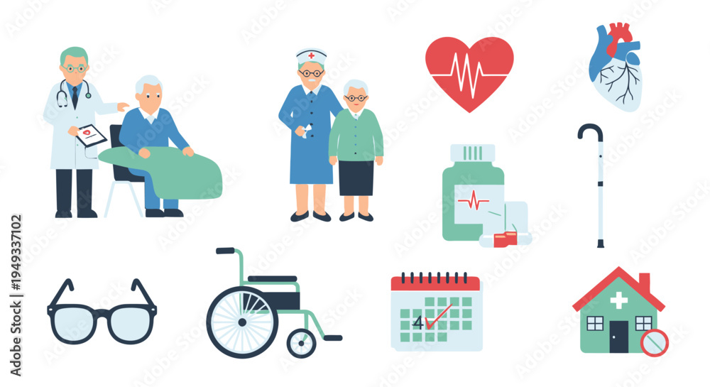 Fototapeta premium Senior Healthcare & Elderly Care Medical Icons Set. Comprehensive vector illustrations of professionals, patients, medication, and essential equipment.