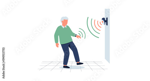 Senior Man Interacting with Smart Home Device via Smartwatch, Illustrating Elder Care Technology and Remote Monitoring for Safety