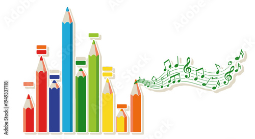 Creative concept of colorful pencils forming a sound equalizer with musical notes flowing, symbolizing art, education, and harmony.