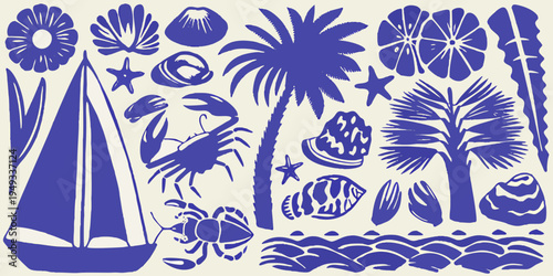 Blue and white nautical and botanical illustration with shells and plants