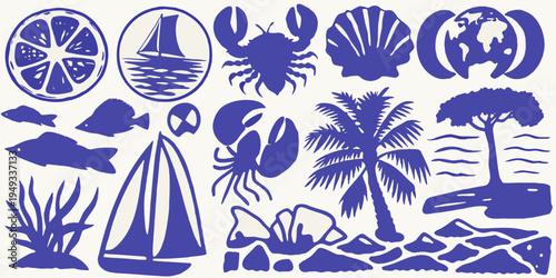 Blue monochrome illustrations of marine life sailboats and tropical scenes