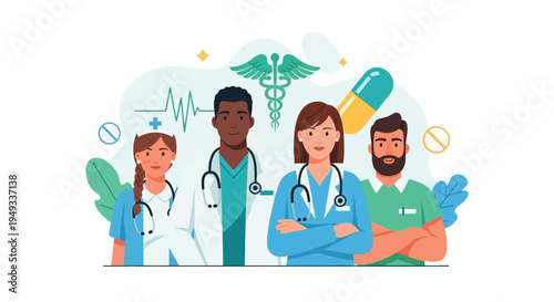 Diverse Healthcare Team: Medical Professionals Standing with Caduceus and Health Symbols, Flat Vector Illustration