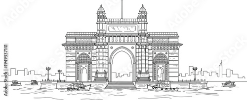 Gateway of India line art illustration, Mumbai landmark architecture outline, historic monument travel symbol, Indian heritage building vector design