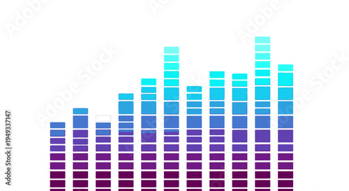 Vibrant digital audio equalizer bars visualizing sound frequency spectrum. Gradient colors from purple to blue on a white background, ideal for music, technology, and data concepts.