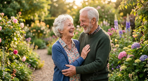 Happy Senior Couple Laughing Together in Garden – Elderly Man and Woman Enjoying Romantic Retirement Outdoor Bonding Moment