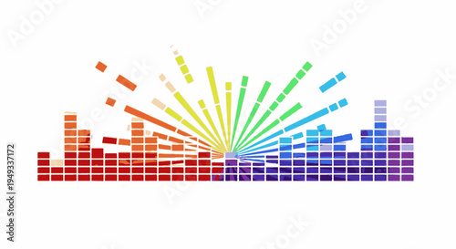 Vibrant rainbow colored audio equalizer graphic with dynamic sound wave bars and central light burst on white background, representing music, energy, and digital technology.