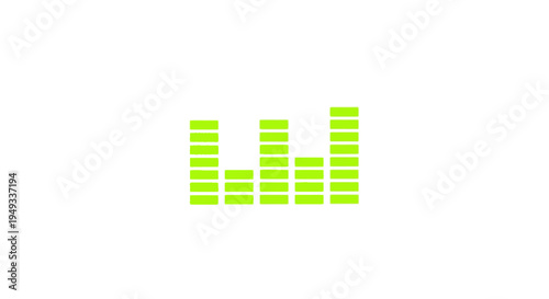 Abstract green audio equalizer bars displaying sound waves and music frequency on a pristine white background, perfect for technology and digital concepts.