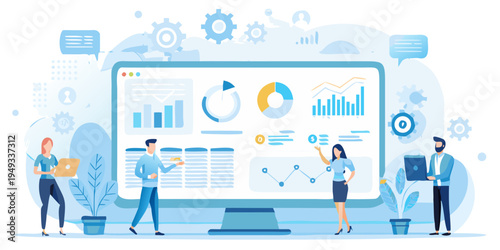 Team collaborating on data analytics and business insights displayed on screen