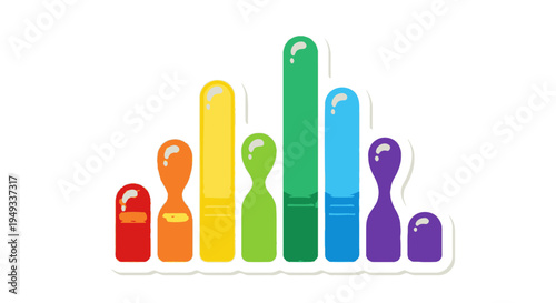 Vibrant spectrum of glossy, liquid-like rainbow colored abstract shapes arranged in a dynamic bar graph or equalizer pattern on a white background.