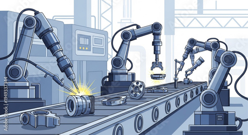 Automated Robotic Arms Working on Assembly Line.