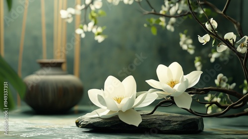 White Flowers on a Stone With Vase and Branches in a Calm Interior Setting