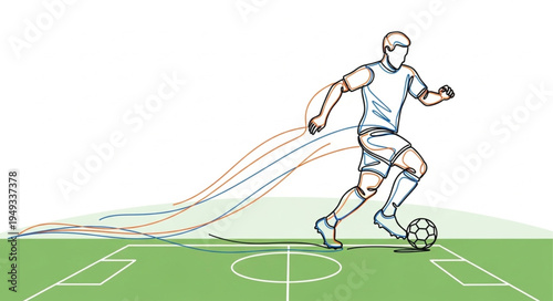 Soccer Player Kicking Ball on Field Line Drawing.