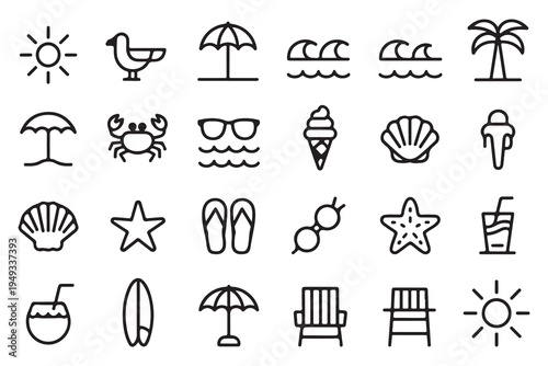 Summer Vacation Line Icon Set with Beach Chairs Umbrellas and Tropical Symbols
