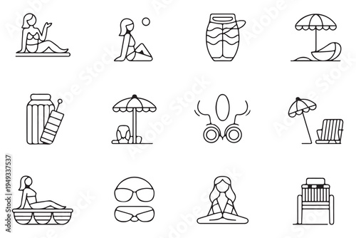 Minimalist Beach and Sunbathing Line Art Icons with Women, Sunglasses, and Lounge Chairs
