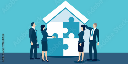 Business team collaborating to complete a house shaped puzzle