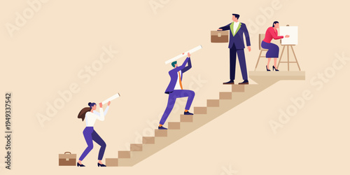 People climbing stairs symbolizing ambition growth and future success