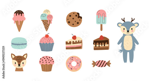Colorful dessert and animal illustration set