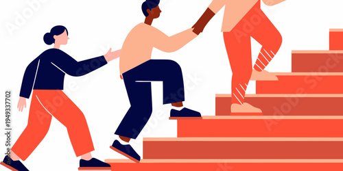 People assisting each other while climbing a set of orange stairs
