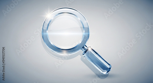Magnifying glass with bright light reflection and lens flare.