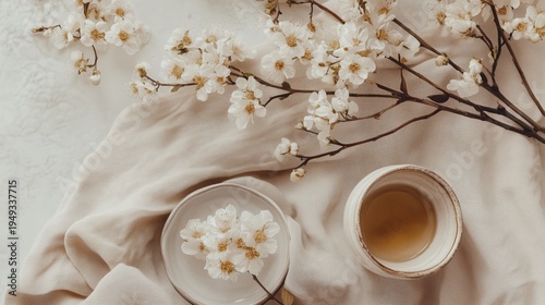 Flowers and Tea Displayed on a Soft Cloth in a Simple Arrangement on a Clean ...