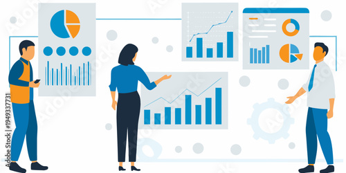 Team collaborates around data visualization and analytics displays in an office