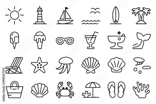 Summer Beach and Vacation Line Icon Set - Sun, Lighthouse, Boat, Surfboard, Palm Tree, Ice Cream, Cocktail, Shell, Crab, Flip Flops