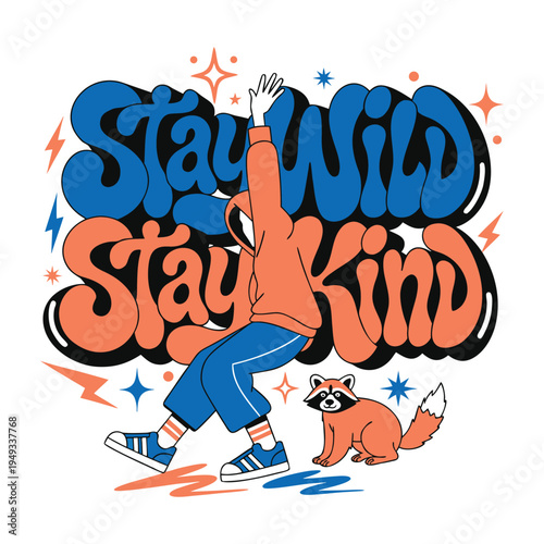 Dynamic Cartoon Skateboarder and Raccoon Street Art Typography T-Shirt Illustration