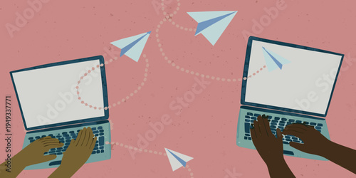 Two laptops connected by paper airplanes and dotted lines
