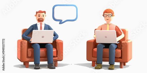 Two cartoon businessmen with laptops sit in armchairs conversing