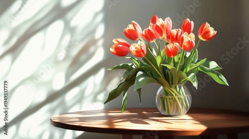 Fresh Tulips on a Wooden Table With Soft Shadows in a Bright Room During the Day
