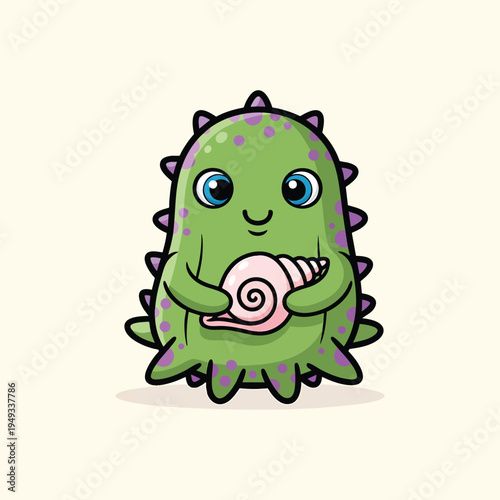 A cartoon creature, green with purple spots and spiky edges, holds a pink seashell. The background is a soft beige color