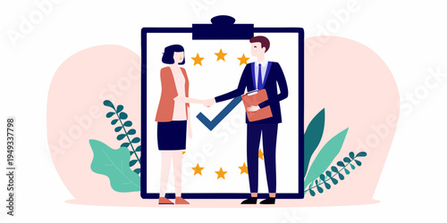 Successful business deal illustrated with a handshake and positive rating