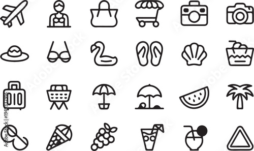 Summer Vacation and Travel Outline Icon Set with Beach Elements